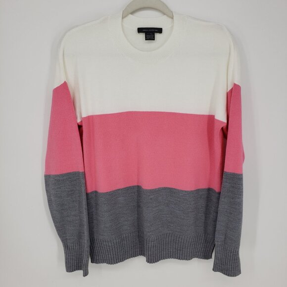 French Connection Color Block Striped Sweater Womens Relaxed Fit Crew Pink Gray - Picture 1 of 7